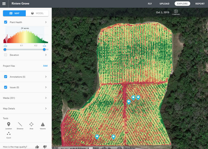Othomosaic mapping provides the ability to track crop health.